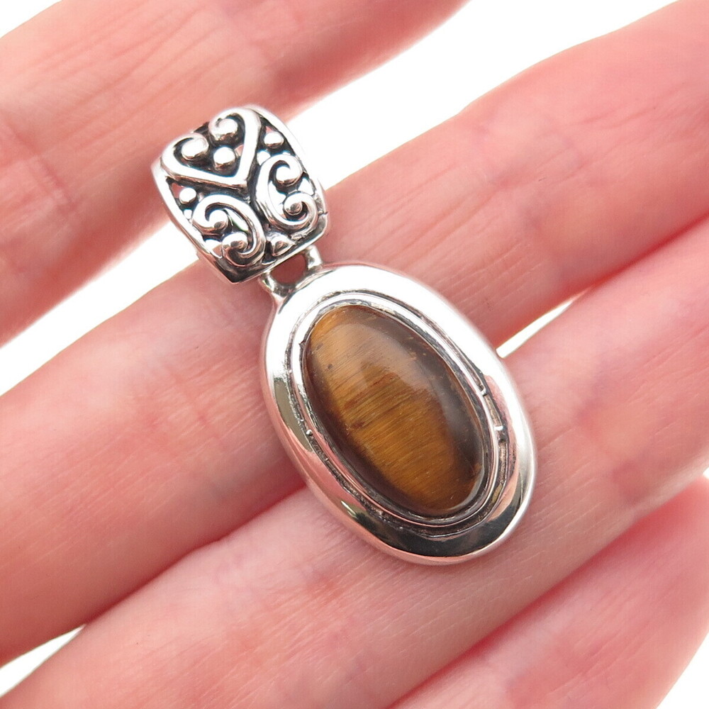SX Sally C 925 Sterling Silver Vintage Real Tiger Eye Oxidized Charm Pendant